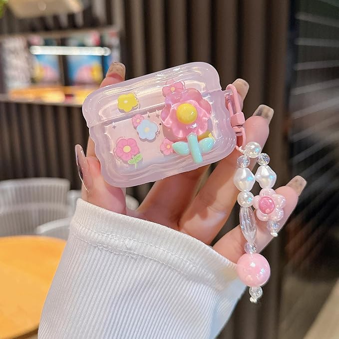 Cute Airpod Pro 2 / Airpod Pro Case 3D Flower with Keychain Clear Hard TPU Protective Cover Compatible with AirPods Pro 2nd/1st Generation Case for Girls Women (Floral Pink)