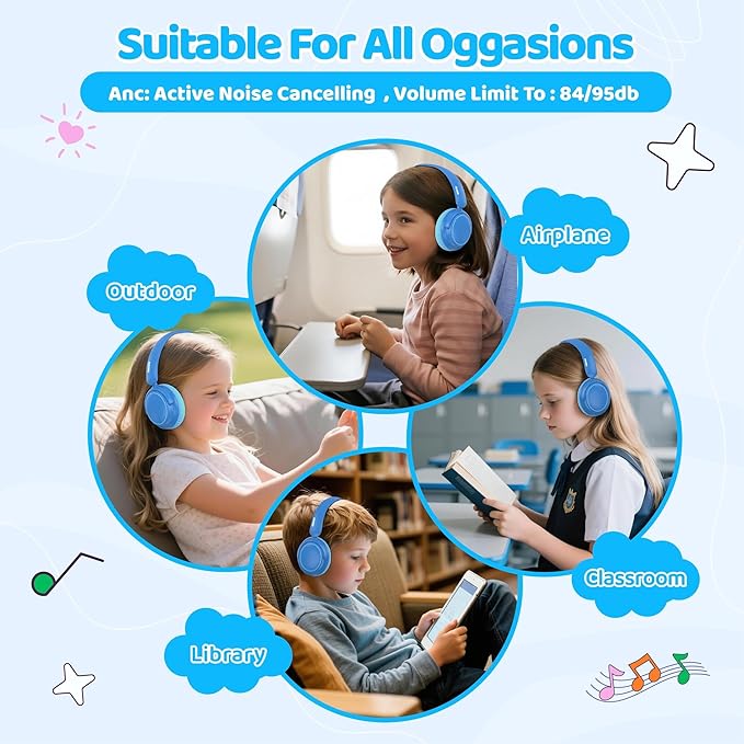 MIDOLA Kids Wireless Headphones Active Noise Cancelling Lightweight Bluetooth Headphone for Kid,Volume Limited 85/94dB Foldable Over-Ear Headset with Mic,68 Hours Playtime,for Toddler Child Blue