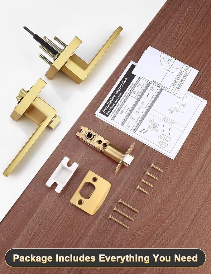 5 Pack Heavy Duty Gold Square Privacy Interior Door Levers, Satin Brass Finish, Bedroom and Bathroom Door Handles Keyless Bed/Bath Lockset
