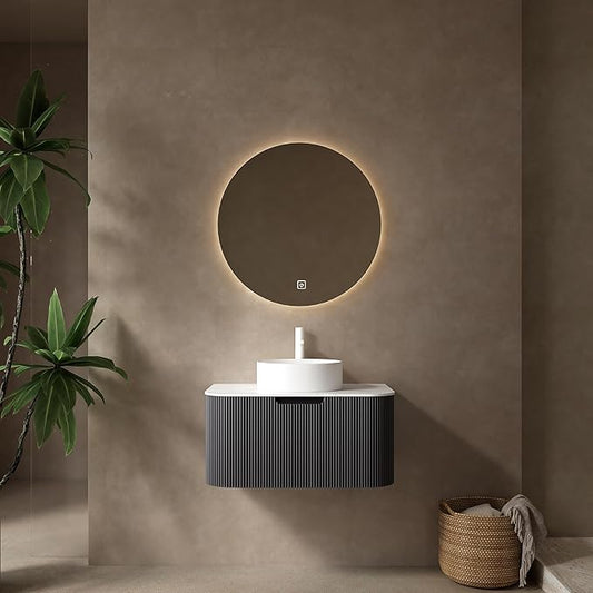 KEIKI 30" Bathroom Vanity Cabinet with Sink Combo, Wall Mounted Curved Edges Striped Floating Bathroom Vanity with Soft-Close Drawer, White Round Ceramic Basin Without Faucet, Black
