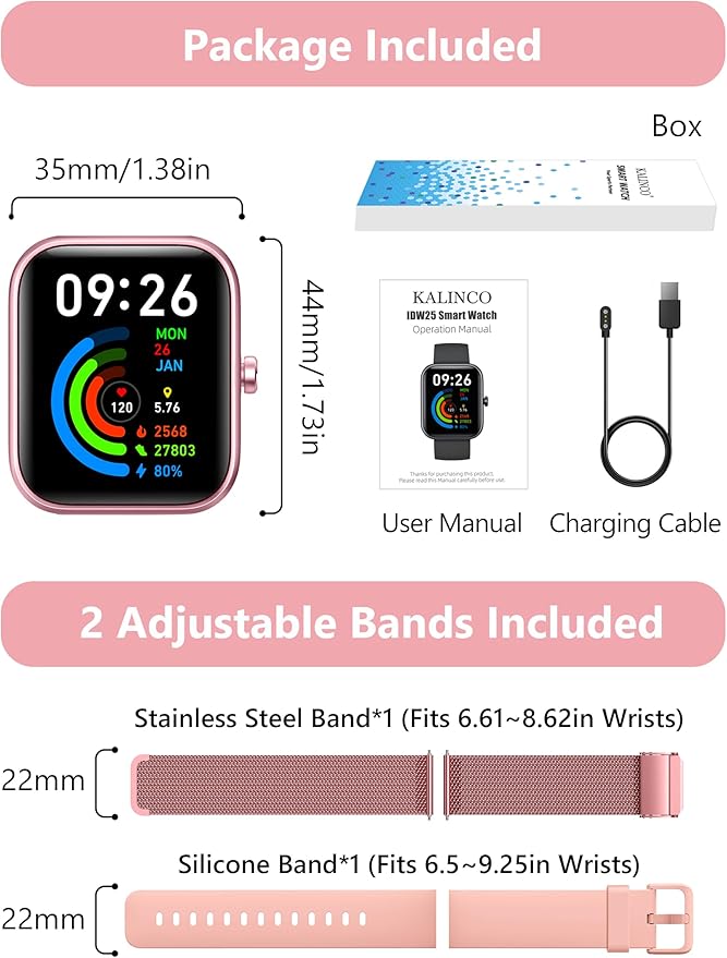 KALINCO Smart Watch Women [2 Bands, 44mm case] 1.83" Alexa Fitness Tracker, Heart Rate, Sleep, Stress Monitor, IP68 Waterproof Smartwatch, Make/Answer Calls, Compatible with iPhone & Android Phones