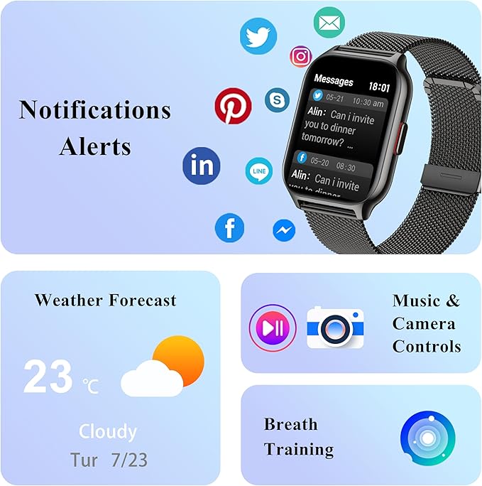 Popglory Smart Watch Answer/Make Calls, 2.01'' Smartwatch with AI Voice Control, Blood Pressure/SpO2/Heart Rate Monitor, Fitness Tracker Watch 2 Straps for Men Women for iOS Android Phones