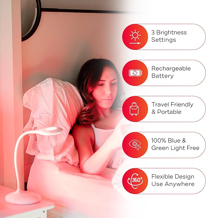 Mito Red Light - No Blue Light Lamp - Modern LED Rechargeable Table Lamp - Rechargable Desk Lamp - Bedside Touch Lamp - - Table Lamp for Whole House - No Flicker LED (633nm Red), White