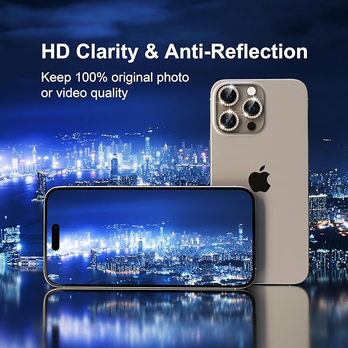 Misea Compatible for iPhone 15 Pro/iPhone 15 Pro Max Camera Lens Protector Bling, 9H Tempered Glass Camera Cover Screen Protector Metal Individual Ring Protector Decoration Accessories, Gold Diamond