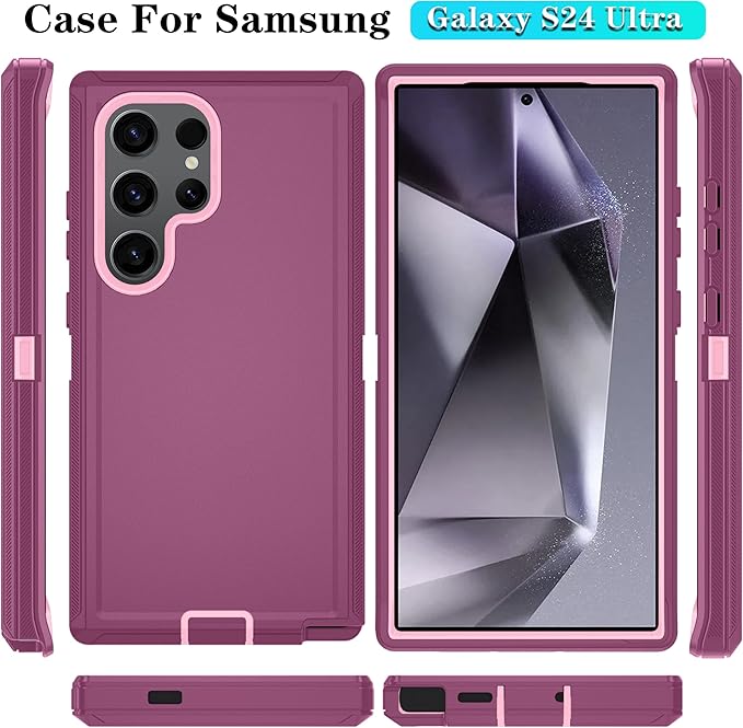ONOLA Compatible with Samsung Galaxy S24 Ultra Case with HD Screen Protector, Heavy Duty Shockproof & Dropproof 3-Layer Cover Phone Case,WineRedPink