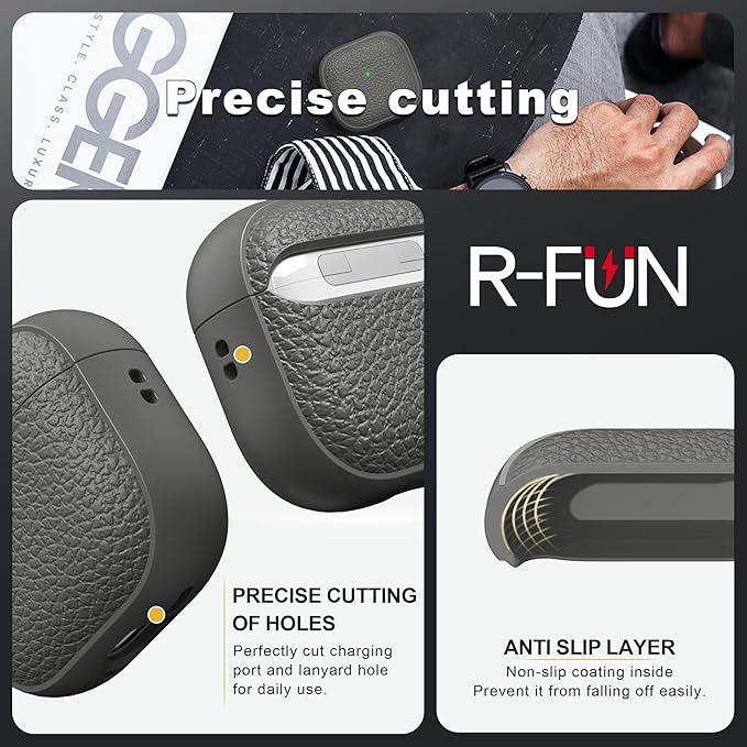 R-fun for Airpods 4 Case, Soft TPU (Leather-Like Design) Drop Protection Cover for Men and Women with Lanyard and Cleaner Kit, Compatible with Apple Latest Airpods 4th Gen(USB-C)(2024)-Grey