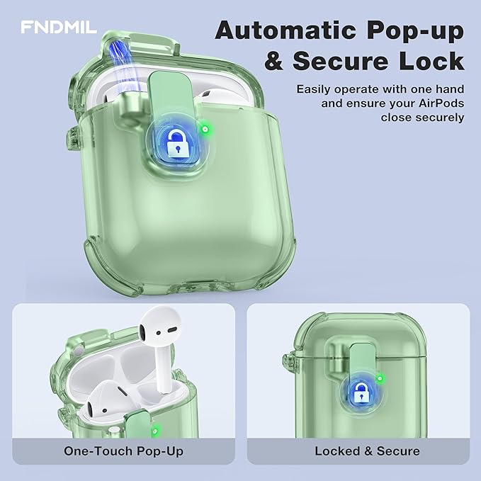 Case for AirPods 1/2 Case Cover with [Lock Safety & Pop Up][Military Shockproof] Anti-Yellow Transparent Soft TPU Wireless Charging for AirPods 1st/2nd Generation Case with Keychain,Clear Green