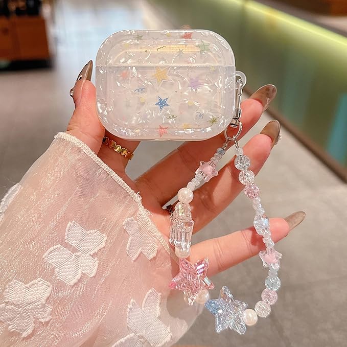 for AirPod Pro 3 Case 2025 Cute Dream Shell Pearl Shockproof Protective Cover with Strap Keychain Compatible for AirPods Pro 3rd Generation for Women Girls (Colored Stars)