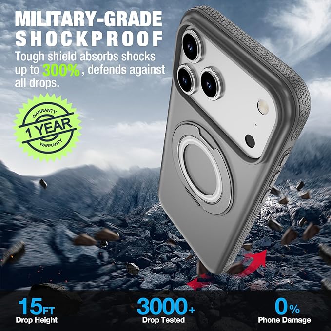 for iPhone 17 Pro Max Case [Compatible with Magsafe] [15 FT Military Grade Drop Protection] with Screen Protector & Lens Protector,Shockproof Kickstand Phone Case for iPhone 17 Pro Max (Gray)