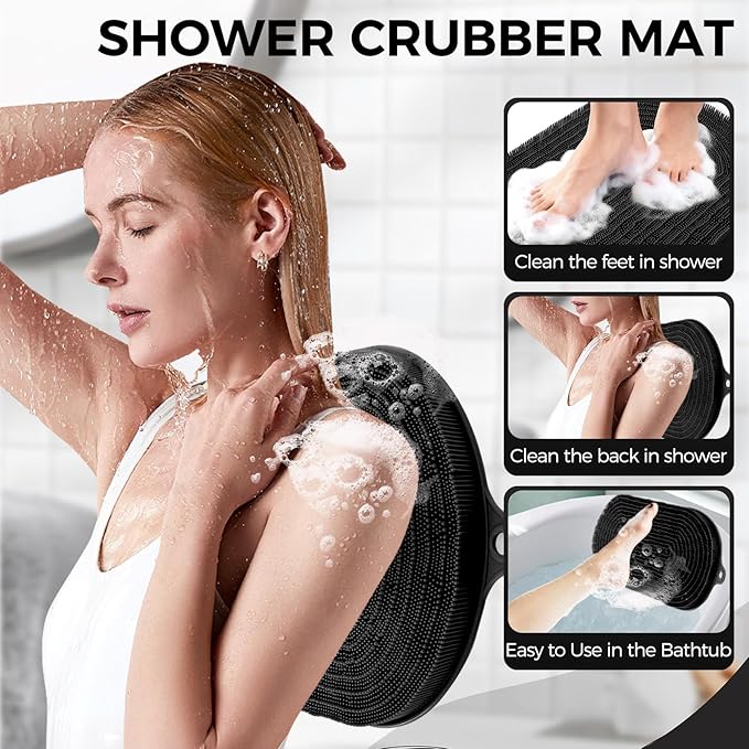 Shower Foot Scrubber - XXL Large Silicone Bath Mat for Exfoliating & Massaging Feet in Shower, Non-Slip Suction Cups, Dead Skin Remover, Callus Cleaner for Men & Women, 20.9"x13.8" Black