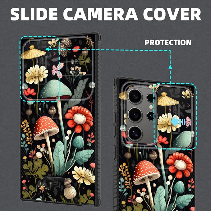 for Galaxy S24 Ultra Case Built in Slide Camera Lens Cover,Heavy Duty Shockproof Protection Dual Layer Case for Samsung Galaxy S24 Ultra 6.8" 2024,Mushroom Forest