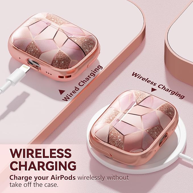 Inesore for AirPods Pro 2nd Generation Case Cover with Lock, Flowers Cute Air Pods Pro 2 Case Hard iPod Pro Cases for Women Girls with Cleaner Kit (2023 USB-C /2022/2019) -Pink Gold Marble