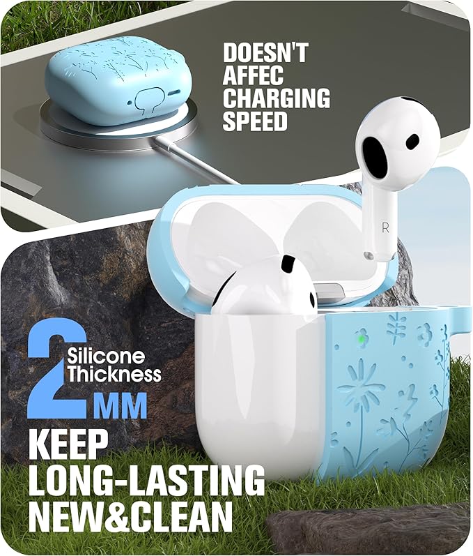 Seltureone Compatible with AirPods 4 Case Cute with Cherry Blossom Keychain and Cleaning Kit, Soft Silicone Shockproof Flower Engraved Cover Compatible with AirPod 4 Case Cover - Baby Blue