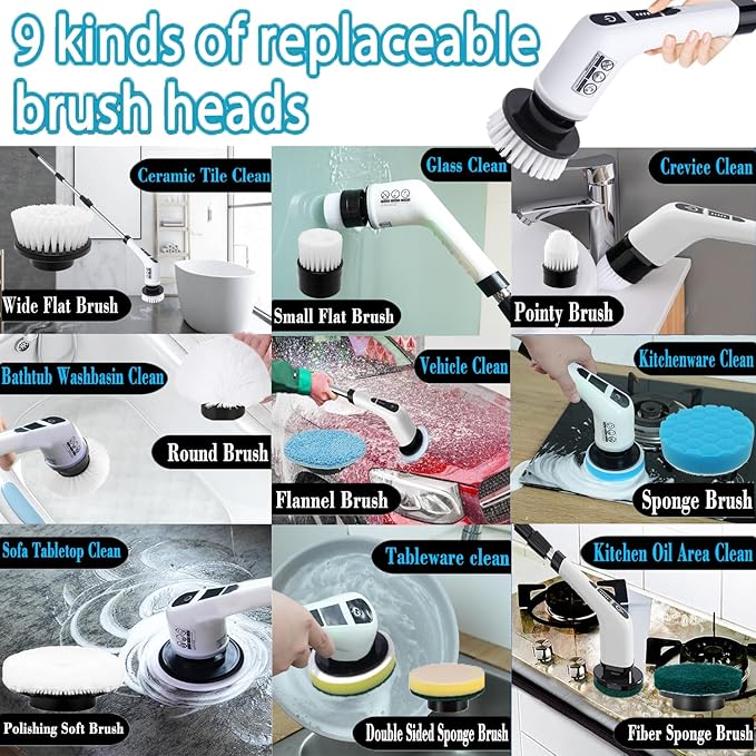 Electric Spin Scrubber,Cordless Cleaning Brush Set 3-in-1 Adjustable Detachable Exten Handle,2 Speeds,Handheld Shower Scrubber & 9 Replaceable Brush Head,2024 New Power Dirt Brush for Kitchen,Bathroom