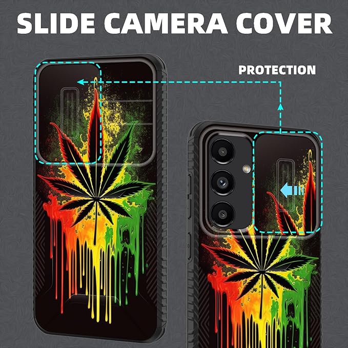 for Galaxy S24 FE Case Built in Slide Camera Lens Cover,Heavy Duty Shockproof Protection Dual Layer Case for Samsung Galaxy S24 FE 5G 6.7" 2024,Marijuana Leaf Weed