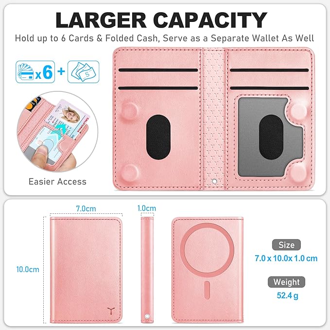 TUCCH for Magsafe Wallet, 6 Card Holders with [ID Window] [RFID Blocking] for iPhone 17/16/15/14/13/12/Pro/Pro Max/Air/Plus Series, PU Leather Magnetic Card Wallet for Men Women, Rose Gold