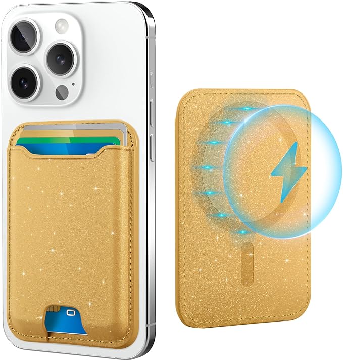 TopMade for Magsafe Wallet, Sparkle Magnetic Card Holder for iPhone 17, 16, 15, 14, 13, 12 Series, Leather RFID Blocking, Fit 4 Cards, Glitter Yellow