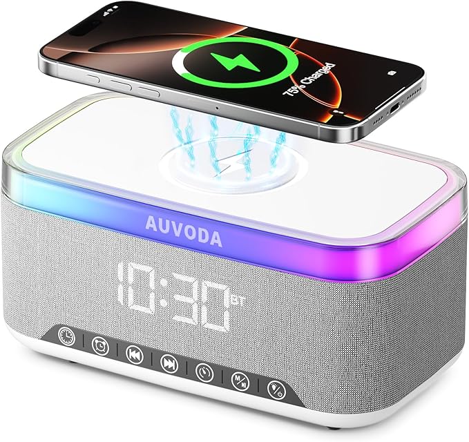 S300 16W Stereo Bluetooth Speaker with 15W Fast Wireless Charging, 13-Color Night Light, Alarm, White Noise, FM Radio, Portable, TWS, BT5.3, for PC, Smartphone, Home, Office & Bedroom (White)