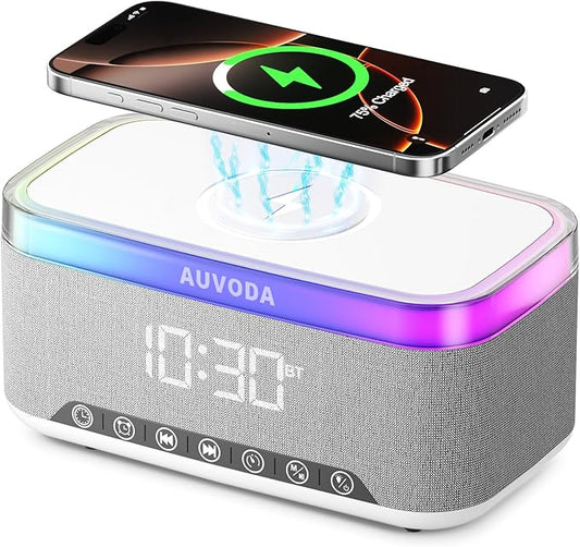 S300 16W Stereo Bluetooth Speaker with 15W Fast Wireless Charging, 13-Color Night Light, Alarm, White Noise, FM Radio, Portable, TWS, BT5.3, for PC, Smartphone, Home, Office & Bedroom (White)