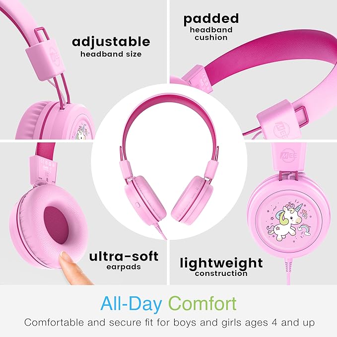 MEE audio KidJamz KJ55 Wired Children’s Headphones with 3.5mm Plug, Colorful Graphics, Volume Limiter & Microphone, Adjustable On-Ear Kids Headset for Online Learning/School/Travel/Tablet (Pink)
