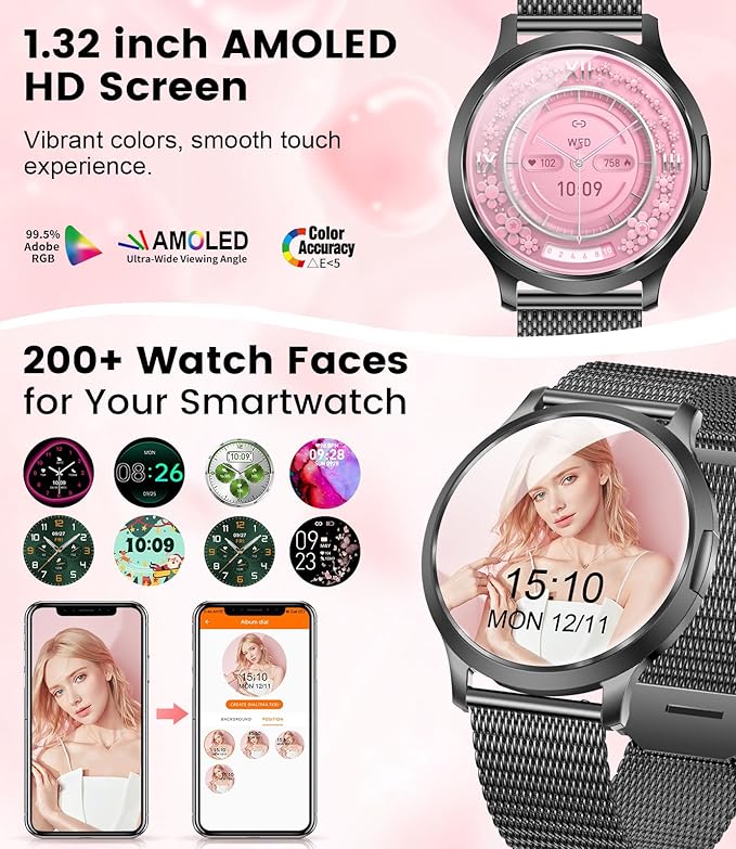 DREMAC Smart Watch(Make Call/Thin),1.32'' Amoled Curved Display for Android iPhone,Smart Watches for Women with Heart Rate Monitor,Sleep Monitor,Pedometer,IP68 Waterproof Fitness Tracker,Black Metal