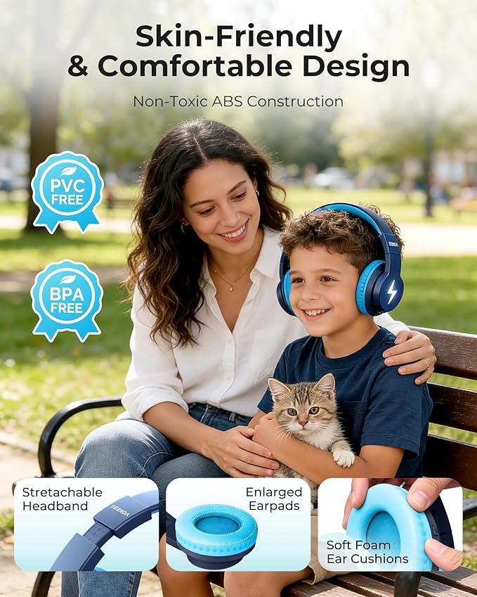 seenda Kids Bluetooth Headphones, JCH-01 Kids Wireless Headphones for School, 85/94dB Volume Limited, 45H Playtime, 3 Lighting Modes, Built-in Mic Headset with Aux Cord for iPad/Tablet, Dark Blue