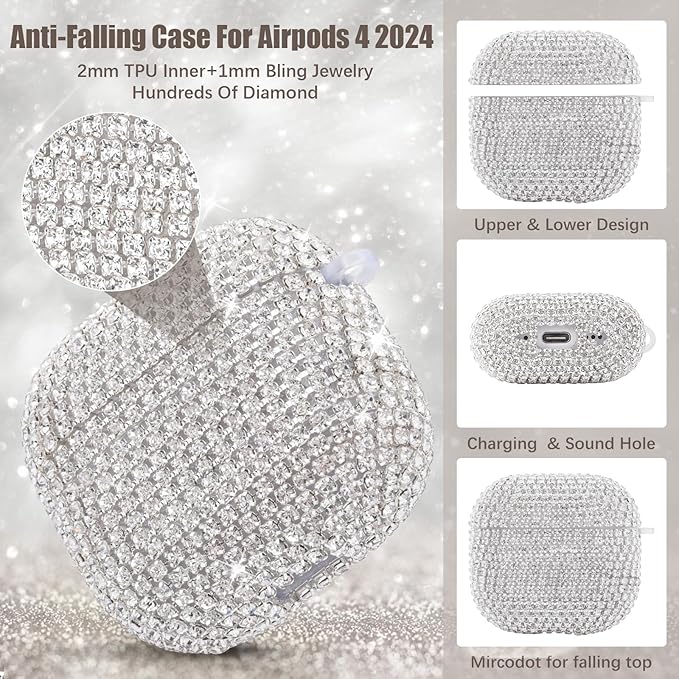 VISOOM Cute Jewelry Case for Airpods 4 Cases 2024 Cover Women, Sparkly Air pods 4 Gen Case Hard TPU Airpod Cases 4th Generation Glitter iPods 4 Cas with Bling Keychain for iPods Earbuds Airpods 4th
