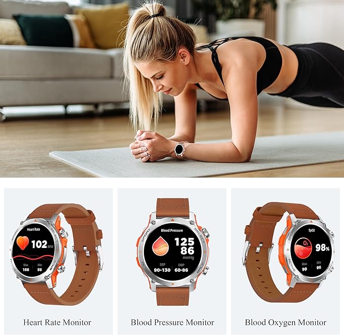 Popglory Smart Watch, 1.43''AMOLED 45mm Military Smartwatch Men Women Answer/Make Call, Digital Fitness Watch, 110+ Sports, Blood Pressure, Heart Rate, Stress Monitor Sports Watch for Android or iOS