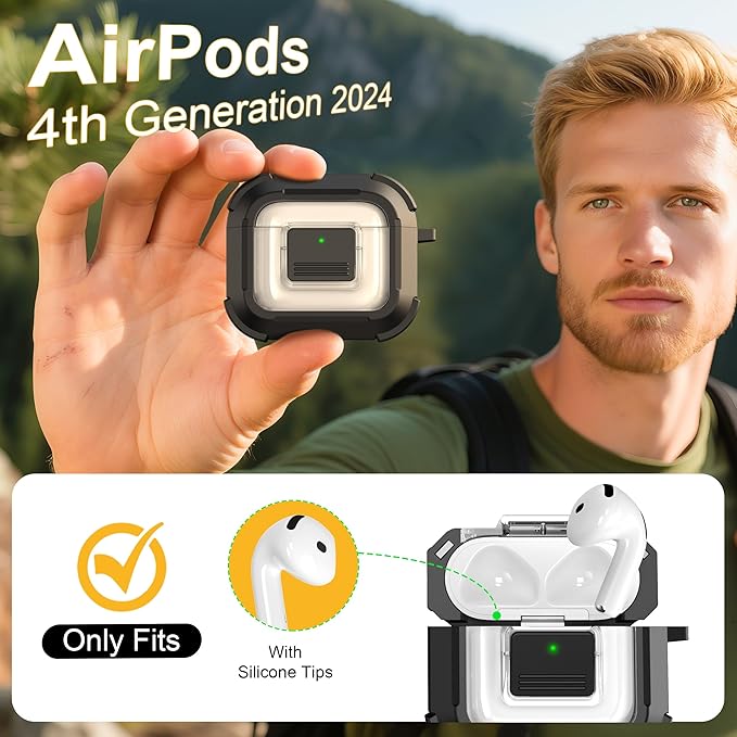 RFUNGUANGO for AirPods 4 Case, Compatible with AirPods 4th Generation Case (2024), Compatible with MagSafe, Magnetic Automatic Lock with Cleaner Kit and Keychain, Front LED Visible, Black
