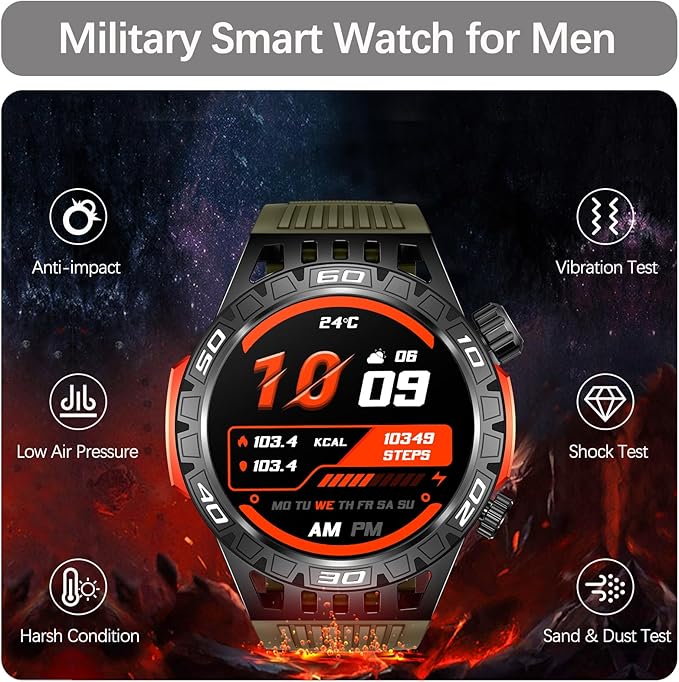 YoYoFit Military Smart Watch with LED Flashlight, Compass, SOS, Rugged Tactical Bluetooth Answer/Dial Calls, Heart Rate Blood Pressure Sleep Monitor Compatible for Android and iOS, Green
