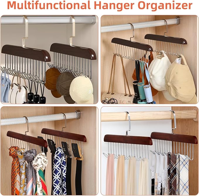 4 Pack Wooden Tie Hanger,Belt Racks with Hooks,Tank Top Hangers,Bra Hanger for Closet Space Saving Wood Hangers,Closet Organizers and Storage for Belts/Bras/Tank Tops/Ties/Scarves/Purses
