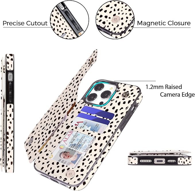 uCOLOR Compatible with iPhone 14 Pro Max 6.7" Wallet Case with Card Holder Folio Flip PU Leather Kickstand Card Slots Double Magnetic Clasp and RFID Blocking Cover 6.7 Inch (Almond Latte Polka Dot)