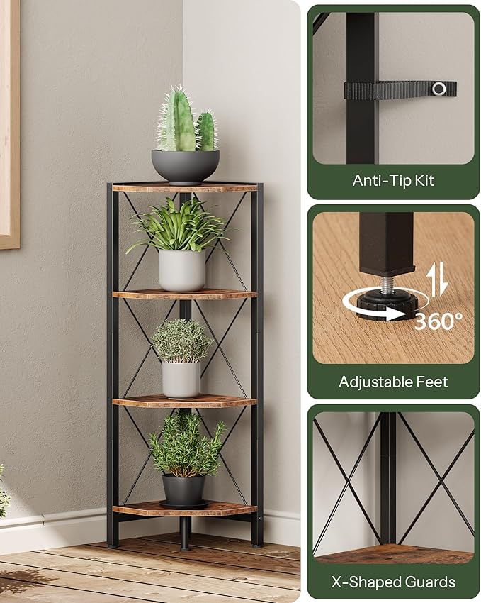 4-Tier Corner Shelf, Corner Bookcase, 43.3" Tall Vertical Display Rack, Plant Stand, Open Storage Shelf, for Living Room, Bedroom, Study, Kitchen, Rustic Brown and Black TCJ14BF
