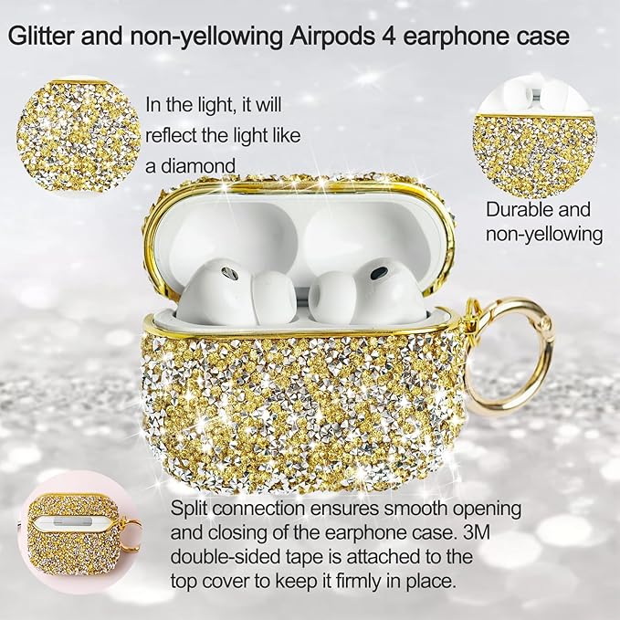 for Cute Glitter AirPods 4 Case for Women| Bling Hard Airpod iPods 4 Cases | with Keychain | Sparkly Rhinestone Air Pods 4 Generation Case for Women Girl- Model A3058/A3059(Gold)