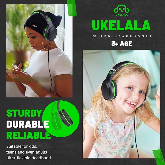 Green Wired Headphones for Boys Portable On Ear Youth Headphones for School Airplane Travel Lightweight Portable Compatible with Pad Computer Laptop for Adults Student Children Girls Kids