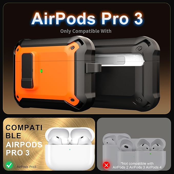 RFUNGUANGO AirPods Pro 3 Case (2025) with Safety Lock and Automatic Pop-up, Compatible with Airpods Pro 3rd Generation Case, Magnetic Lid, Compatible MagSafe, Hard Shockproof Protective Case, Orange