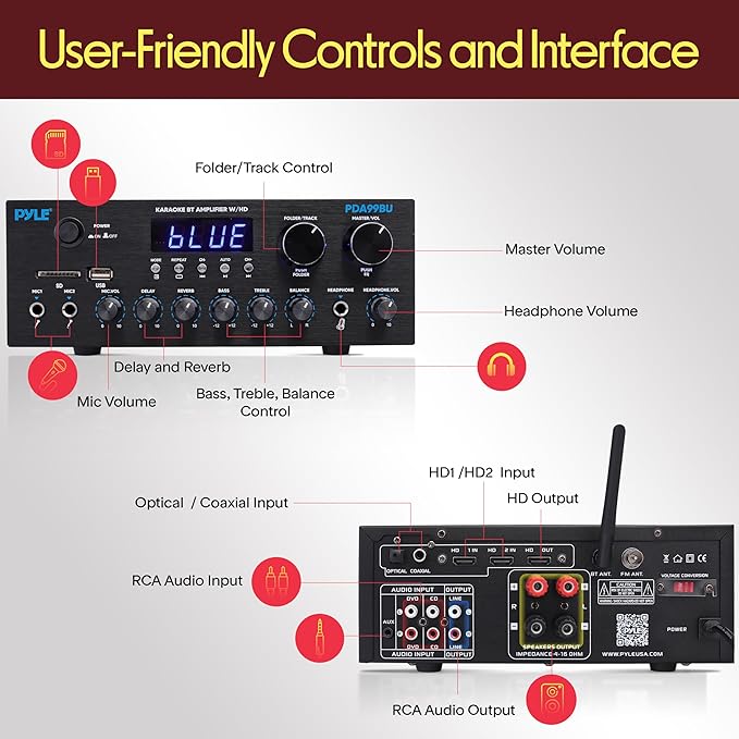 Pyle Wireless Bluetooth Streaming Amplifier, 200W Multi Channel Home Audio Receiver with Hi Def in/Out, Optical/Coaxial, FM Radio, USB/SD, AUX, RCA, Mic in, and BT/FM Antenna