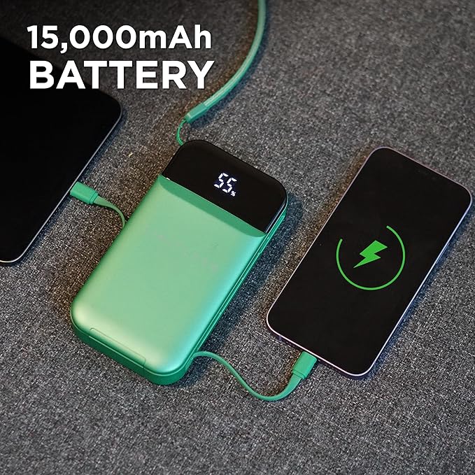 Limitless Innovations Ultimate Pro 15,000mAh Portable Power Bank PD 20W with Built-in Cables, Wireless Charging, Flashlight, Wall Plug, & Digital Display, for iPhone, Samsung, & More (Green Metallic)