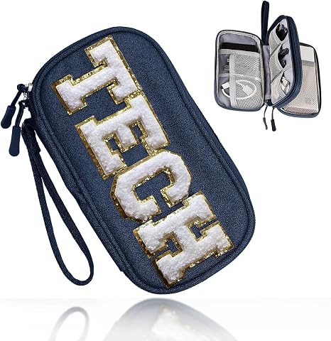 COSHAYSOO Small Electronics Organizer Bag with Chenille Letter Patch for Women Travel Gift, Cord Charger Cable Traveling Accessory Pouch Essential Supply Storage Case (Navy Blue)
