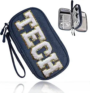 COSHAYSOO Small Electronics Organizer Bag with Chenille Letter Patch for Women Travel Gift, Cord Charger Cable Traveling Accessory Pouch Essential Supply Storage Case (Navy Blue)
