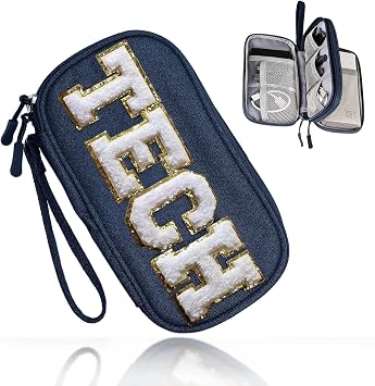 COSHAYSOO Small Electronics Organizer Bag with Chenille Letter Patch for Women Travel Gift, Cord Charger Cable Traveling Accessory Pouch Essential Supply Storage Case (Navy Blue)