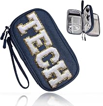 COSHAYSOO Small Electronics Organizer Bag with Chenille Letter Patch for Women Travel Gift, Cord Charger Cable Traveling Accessory Pouch Essential Supply Storage Case (Navy Blue)