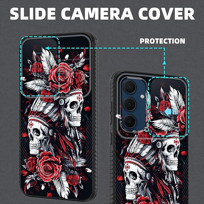 for Galaxy A35 5G Case Built in Slide Camera Lens Cover,Heavy Duty Shockproof Protection Dual Layer Case for Samsung Galaxy A35 5G 6.6 inch 2024,Skull Art with Feathers and Roses