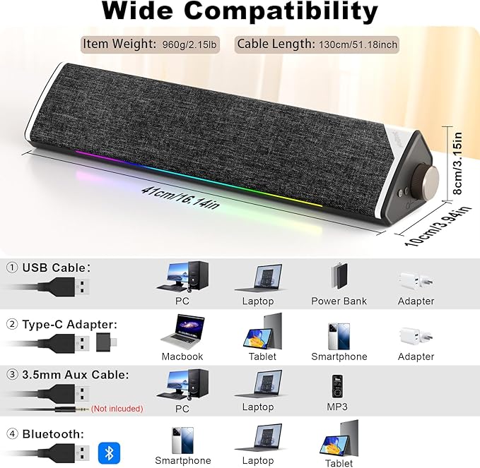 SOULION Computer Speakers, USB-Powered Bluetooth PC Soundbar with Dynamic RGB LED Lights, Surround Sound for Desktop, Laptop, Office, Work, Music & Gaming Black (USB-C to USB Adapter Included)