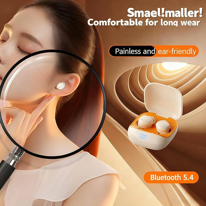 Wireless Sleep Earbuds, Mini Invisible Noise Masking Headphones for Side Sleepers, Bluetooth 5.4, All-Night Wear, Powerful Bass & Weightless Cloud Feeling (Beige Orange)