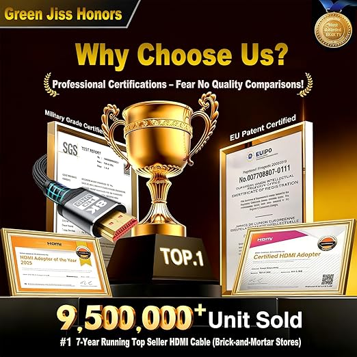 𝟑𝐫𝐝 - 𝐆𝐞𝐧 10K 8K HDMI Cable 2.1, 1.5FT 3.3FT 5FT 6.6FT 10FT 13FT 16FT 20FT 25FT, 48Gbps Gold-Plated Ultra High Speed Military Grade Nylon Braided HDMI Cord 8K@60Hz /4K@120Hz, HDCP 2.2&2.3(1.5FT)