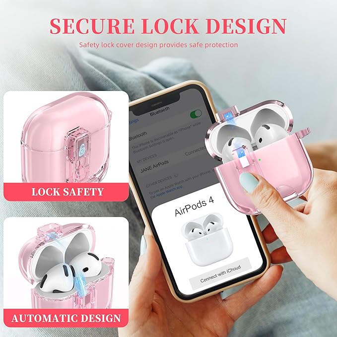 for AirPods 4th Generation Case Cover 2024, Military-Grade Shockproof Transparent Anti-Yellowing, Charging Port Dust-Proof & Stand Design with Cleaning Kit for AirPods 4 Case, Crystal Pink
