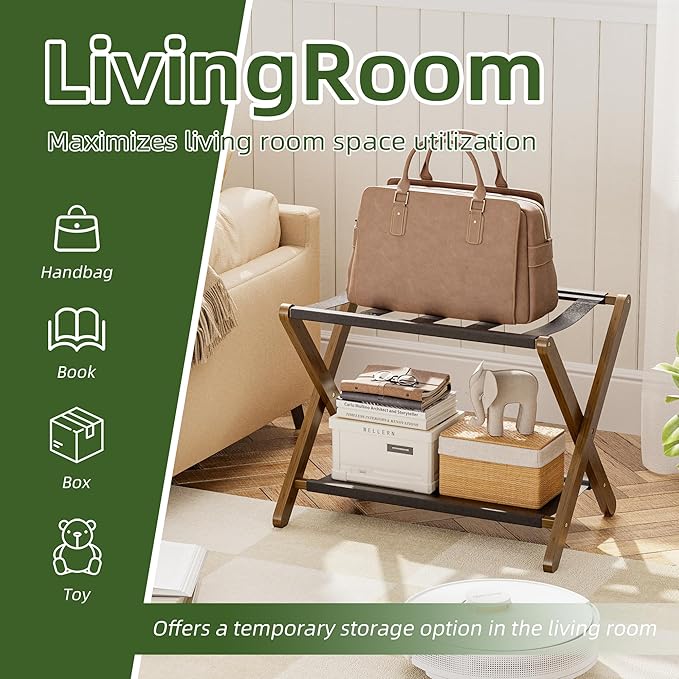 Luggage Rack, Set of 2, Folding Suitcase Stand with Storage Shelf, Premium Bamboo Luggage Holder for Guest Room, Bedroom, Hotel, Closet, Holds up to 135 lb (Walnut)