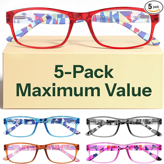 Gaoye 5-Pack Reading Glasses Blue Light Blocking, Spring Hinge Readers for Women Men Anti Glare Filter Lightweight Eyeglasses (5-Pack Mix Color 3,1.5)