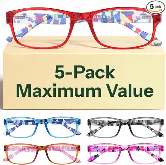 Gaoye 5-Pack Reading Glasses Blue Light Blocking, Spring Hinge Readers for Women Men Anti Glare Filter Lightweight Eyeglasses (5-Pack Mix Color 3,2.25)